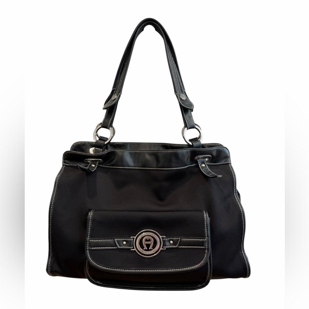Etienne Aigner Black Leather & Nylon Shopper Tote | Signature Logo